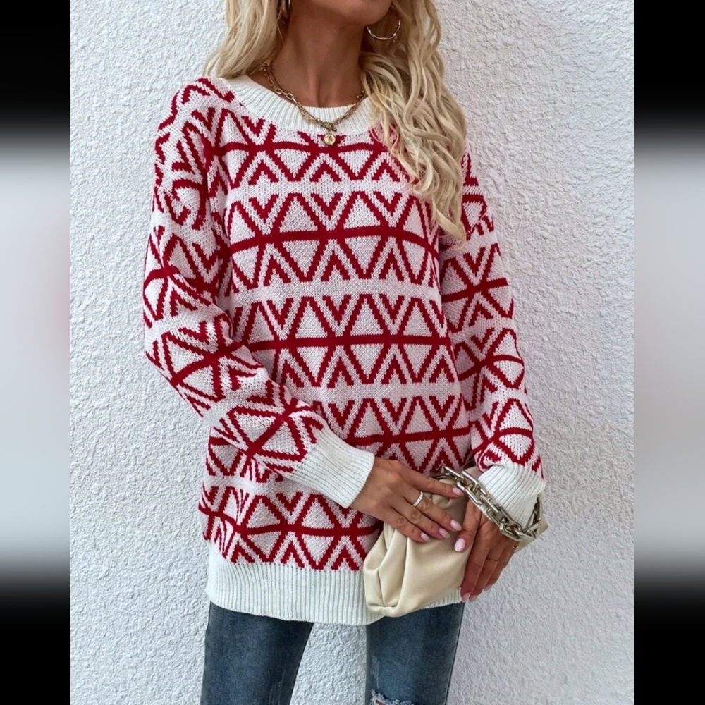 Red & White Geometric Sweater - Picture 4 of 7